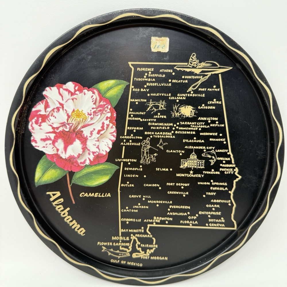 Vintage Alabama State Tray MCM Kitschy Barware Graphic Souvenir Decor Platter